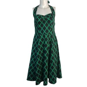GREEN & BLACK PRINT HALTER FIT & FLARE‎ DRESS
